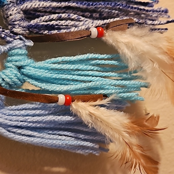 Hand Crafted Dreamcatcher Hand Knit Crochet Brown and Blue Yarn & feathers - Picture 5 of 16